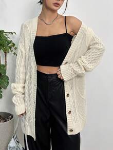 SHEIN Unity Xoắn Dan Thả vai Áo len Mở - trắng - Xem 3