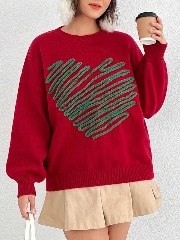 SHEIN EZwear Plus Heart Pattern Drop Shoulder Sweater