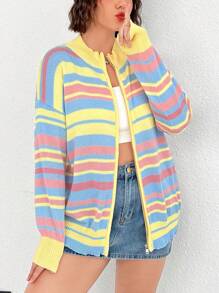 SHEIN EZwear 大碼條紋圖案落肩袖開襟衫 - 彩色 - 查看 1