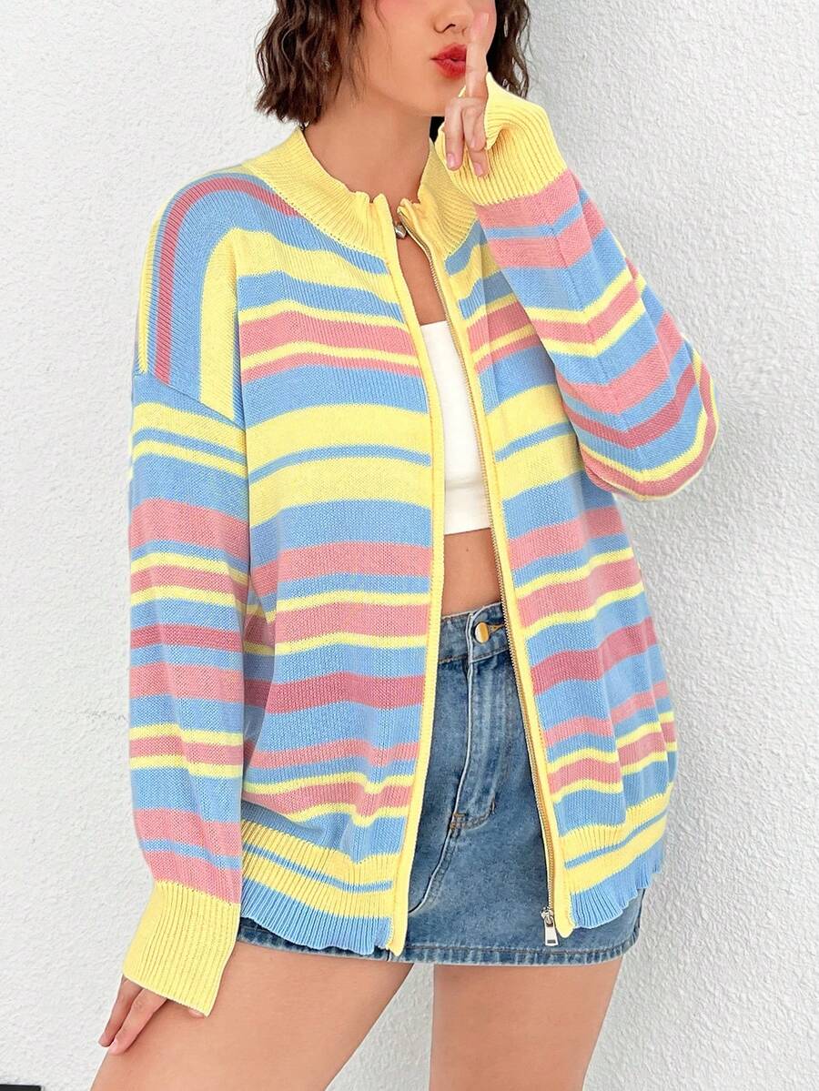 SHEIN EZwear 大碼條紋圖案落肩袖開襟衫 - 彩色 - 查看 1