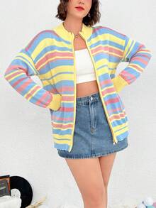 SHEIN EZwear 大碼條紋圖案落肩袖開襟衫 - 彩色 - 查看 5