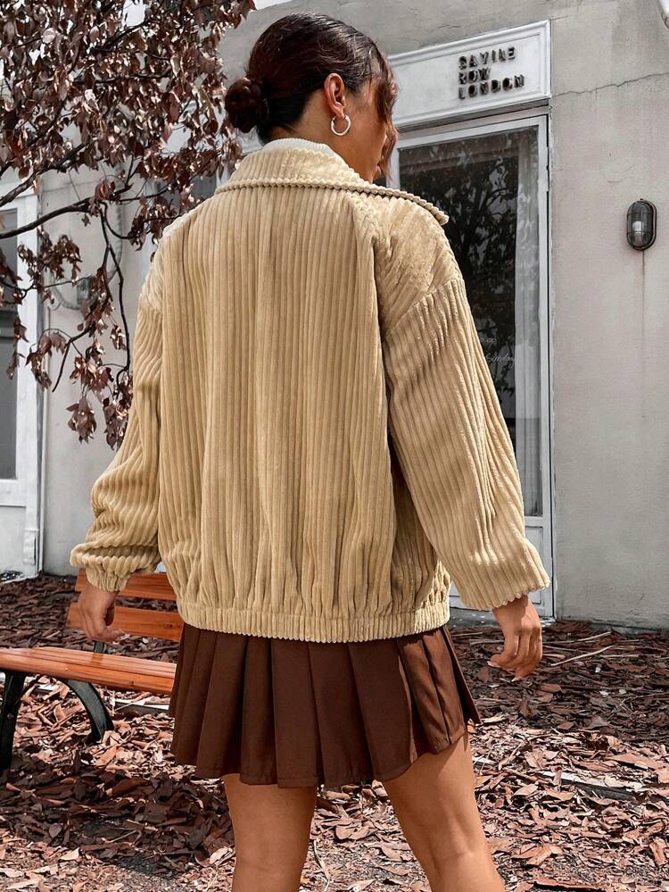 Letter Patched Flap Detail Drop Shoulder Corduroy Jacket Fall Cloth For Women