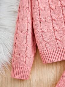 年輕女孩絞花針織插肩袖毛衣和針織褲 - 粉色 - 查看 3