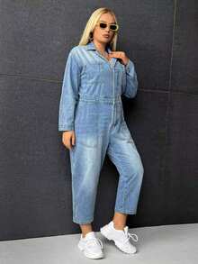 CovetEZ Hơn Dây kéo Túi nghiêng Denim Áo liền quần - Rửa nhẹ - Xem 3