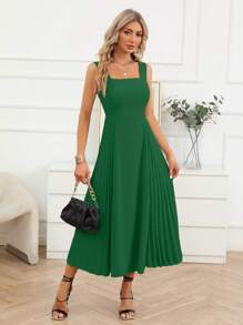 SHEIN Privé Vestido de tirantes unicolor bajo fruncido - Verde - Ver 1