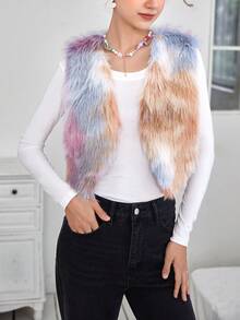SHEIN Qutie Color Block Open Front Vest Fuzzy Coat - Pink - View 3