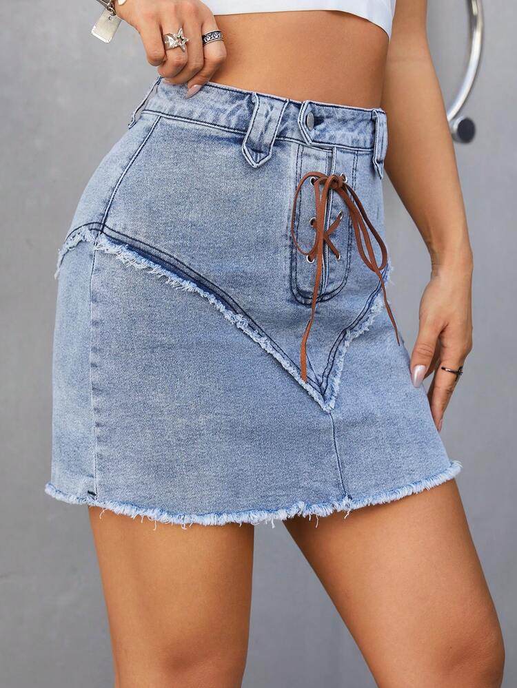 Lace Up Front Raw Trim Denim Skirt