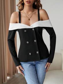 SHEIN Privé Blusa Cruzada Con Hombros Descubiertos Y Solapa En Contraste - Blanco y Negro - Ver 4