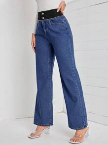 SHEIN LUNE Tương phản Eo quần ống rộng Quần jean - Rửa tối - Xem 4