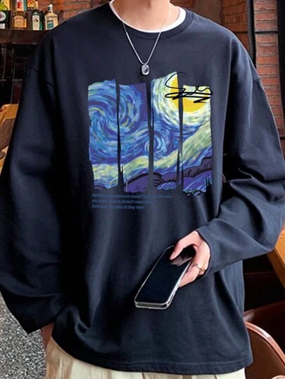 男士油画及标语图案落肩T恤，秋季款，长袖上衣