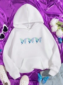 SHEIN 少女蝴蝶印花袋鼠口袋卫衣 - 白色 - 查看 1