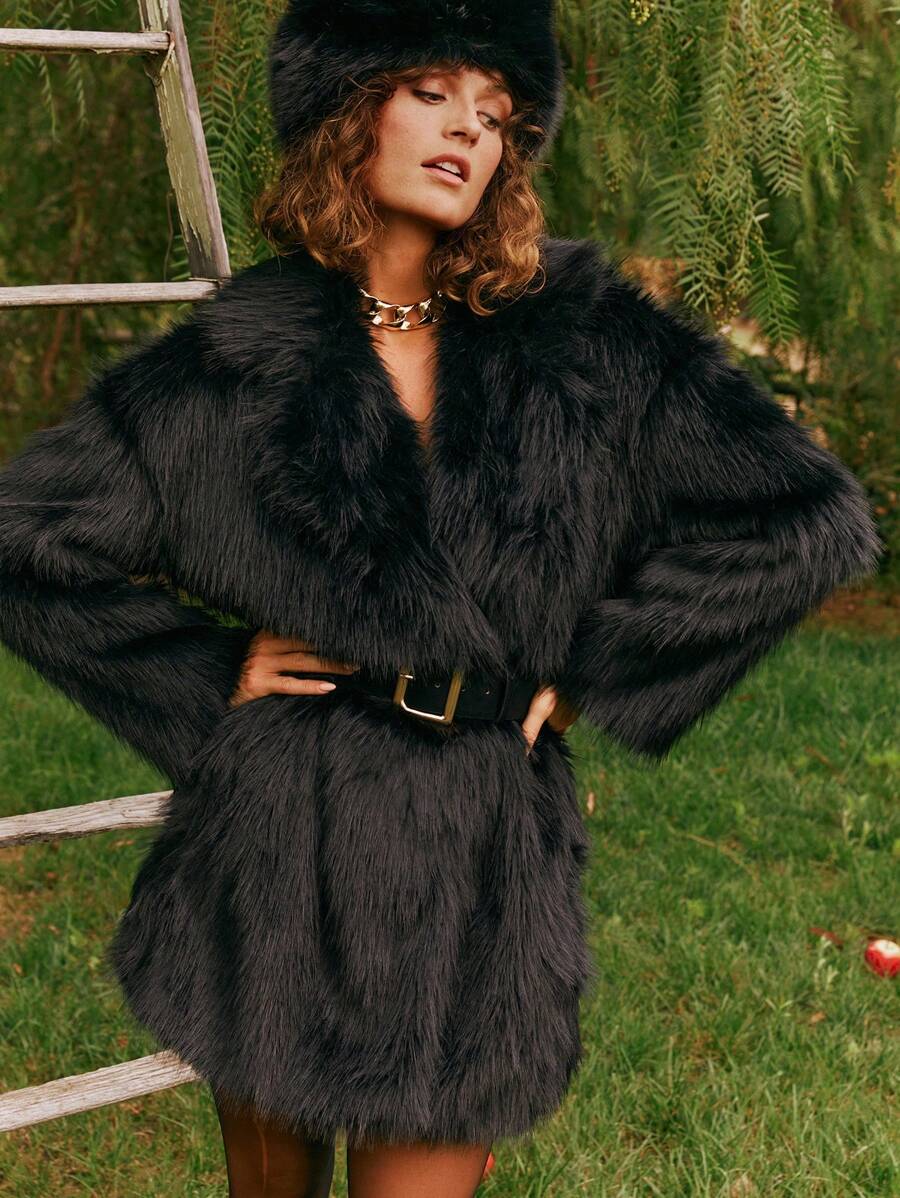 MELIKE FIRAT Open Front Fuzzy Coat Without Belt - Black - View 1