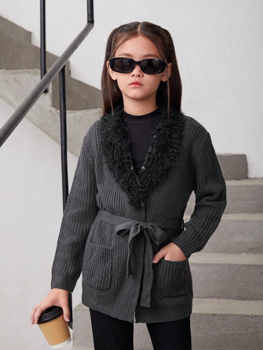 SHEIN Tween 女孩休閒寬鬆束帶 V 領開襟衫(附口袋) - 黑色 - 查看 1