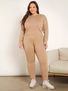 SHEIN BASICS Plus Drop Shoulder Sweater & Knit Pants - Khaki - View 6