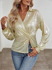 Chiquease Mặt trước xoắn Thả vai Kim loại Áo sơ mi - Màu be - Xem 5