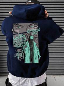 Hombres Capucha con estampado de figura y slogan de hombros caídos con cordón - Azul Marino - Ver 1