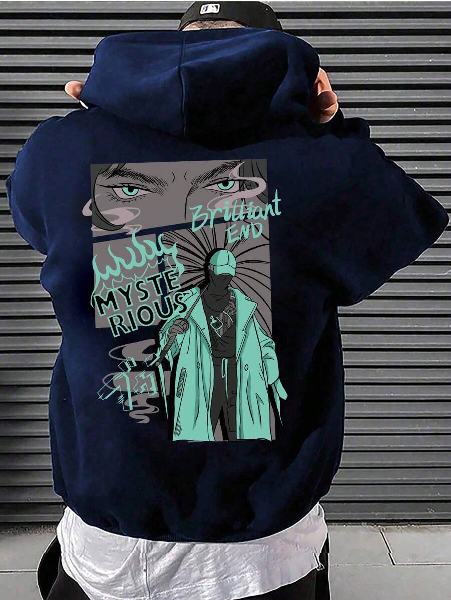 Hombres Capucha con estampado de figura y slogan de hombros caídos con cordón - Azul Marino - Ver 1