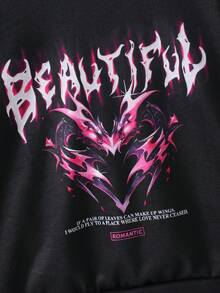 SHEIN Young Girl Slogan & Heart Print Pullover - Black - View 5