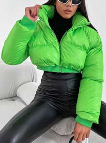 SHEIN Cottnline Zipper Front Raglan Sleeve Padded Jacket - Green - View 1