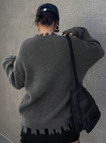 Dazy Star Suéter de punto acanalado con hombros caídos y acabado desgastado para otoño - Gris Oscuro - Ver 4