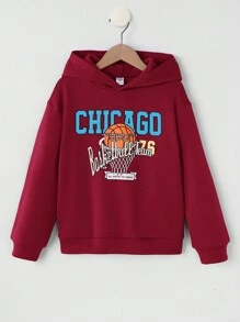 SHEIN 男大童籃球和字母圖案連帽衛衣 - 紅色 - 查看 1