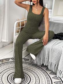 SHEIN EZwear Solid Ribbed Knit Flare Leg Jumpsuit - Army Green - View 5