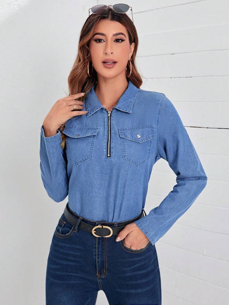 Flap Pocket Zipper Front Denim Top