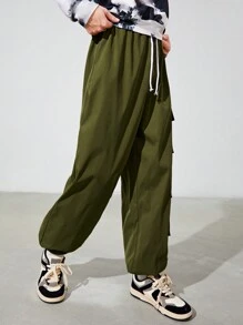 SHEIN Teen Boy Flap Pocket Side Drawstring Waist Cargo Pants - Army Green - View 6