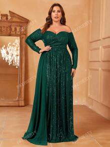 Faeriesty Plus Off Shoulder Ruched Front Draped Side Sequin Dress