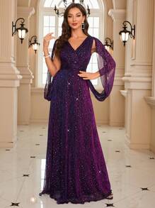 Split Sleeve Sequin Prom Dress - Purple - View 1