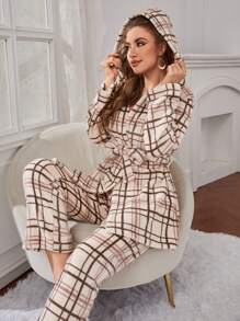 Plaid Print Belted PJ Set - Multicolor - View 1