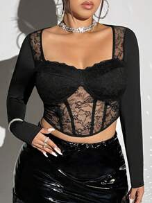 SHEIN ICON 大碼雞心領口拼接蕾絲短款T恤 - 黑色 - 查看 1