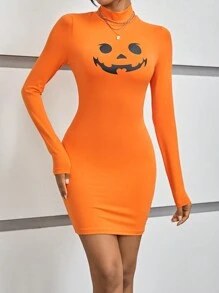 SHEIN EZwear Bản in Halloween Cổ giả Váy bodycon - trái cam - Xem 3
