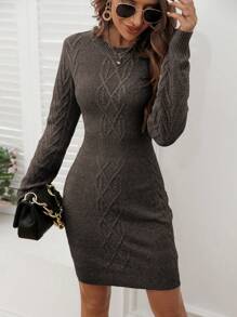 SHEIN Clasi Solid Cable Knit Sweater Dress - Coffee Brown - View 5