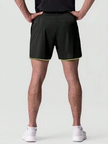 Manfinity Sport Corelite 男士字母圖形對比邊縫製擺動繩腰運動短褲，Jogger短褲 - 黑色 - 查看 2