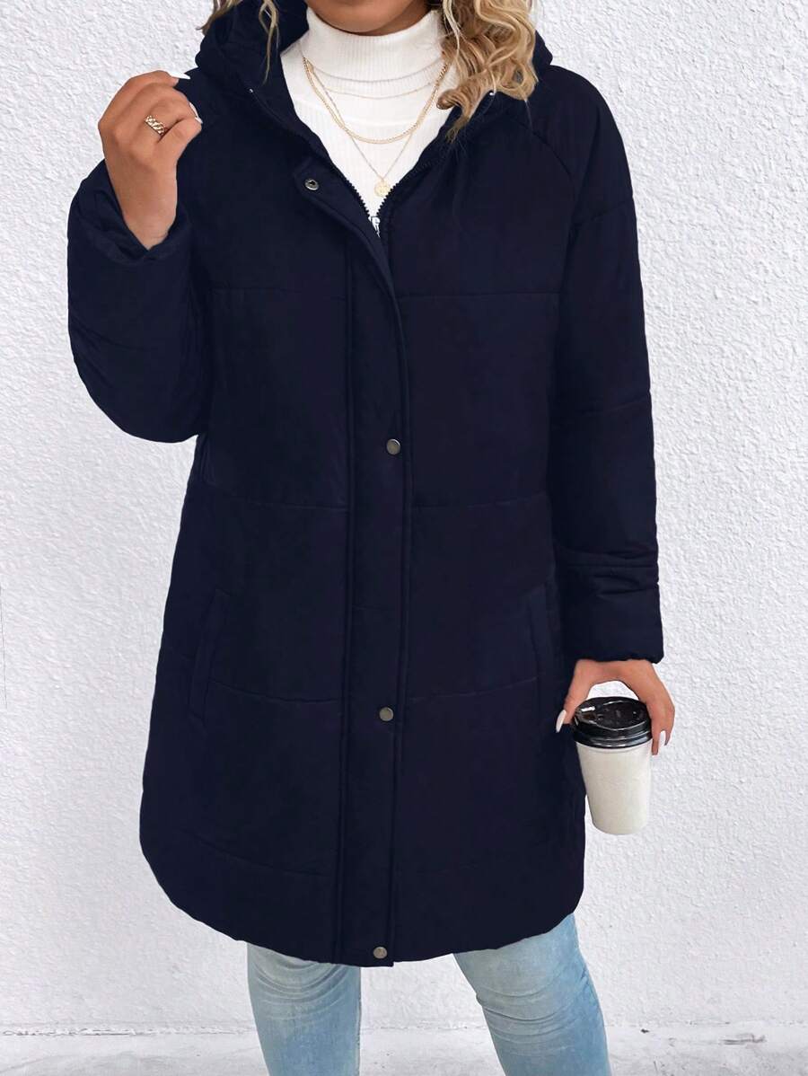 SHEIN LUNE 加大插肩袖连帽加厚棉服外套冬季 - 藏蓝色 - 查看 1