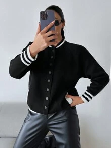 EURMUSE 條紋飾邊插肩袖按扣前開襟衫 - 黑色 - 查看 1