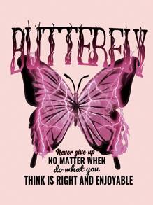 SHEIN EZwear 休閒抽繩標語 蝴蝶型女士衛衣 - 粉色 - 查看 3