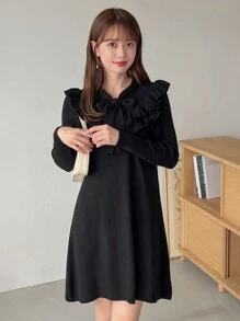 FRIFUL Chất rắn Viền Ruffle Tie Trước Đầm Áo len - màu đen - Xem 4