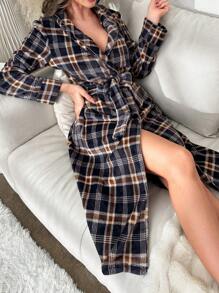 Plaid Print Belted Robe - Multicolor - View 1