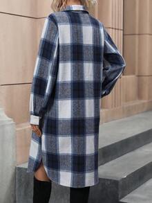 SHEIN LUNE 格紋印花前紐扣襯衫洋裝不附腰帶 - 藏蓝色 - 查看 2