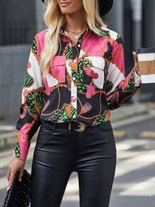 SHEIN LUNE 錬條圖案翻蓋口袋襯衫 - 彩色 - 查看 3