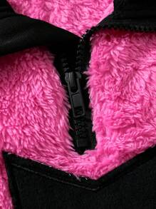 SHEIN Tween Girl Star Pattern Contrast Collar Flannel Half Zip Teddy Top & Skirt - Hot Pink - View 3