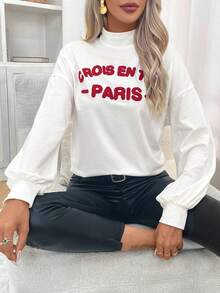 SHEIN Frenchy Letter Pattern Mock Neck Drop Shoulder Tee - White - View 6