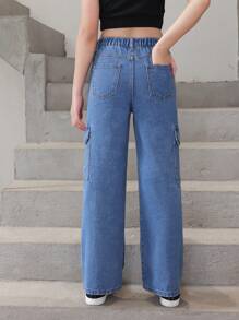 SHEIN Quần Jeans Jeans Ống Thẳng Giặt Thường Ngày Tiện Dụng Cho Bé Gái Tuổi Teen - Rửa tối - Xem 2