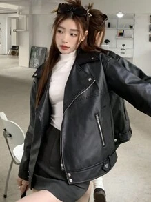 素色拉鏈開襟PU皮革機車夾克