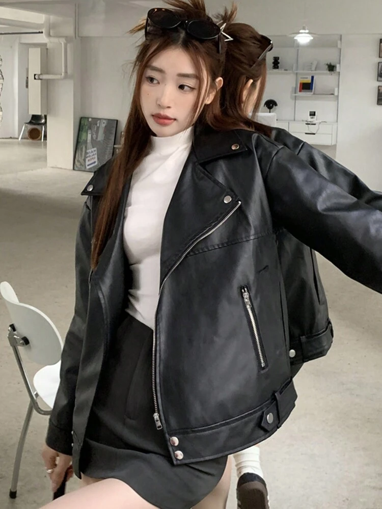 ソリッド ジップアップ PU モーターサイクルジャケット カジュアル