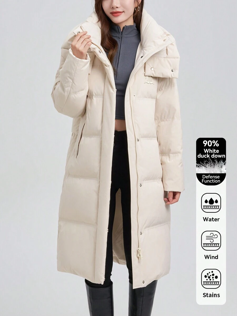 Letter Embroidery Hooded Zip Up Down Coat