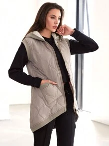 SHEIN Cottnline Slant Pockets Hooded Vest Onion Quilted Coat - Beige - View 5