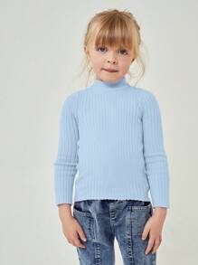 SHEIN Chica Joven Jersey de cuello alto tejido de canalé - Celeste - Ver 3